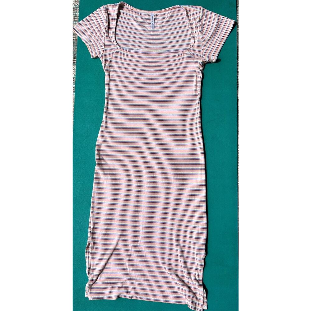RVCA Rainbow Striped Ribbed Knit Midi A Line Dress Slits Medium 10